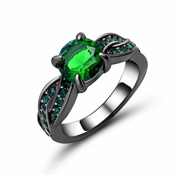 Green Stone Black Rhodium Plated Ring - Picture 1 of 2